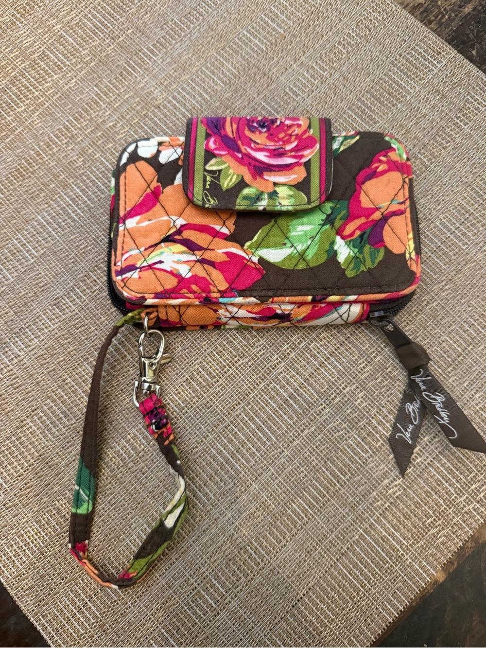 Vera Bradley Brown Floral Quilted Wristlet Wallet with Pink & Orange Blooms